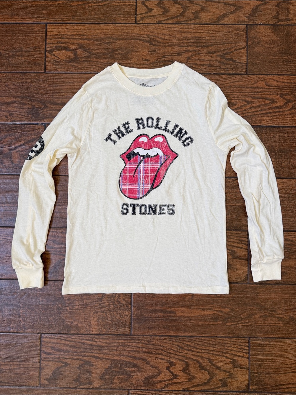 The Rolling Stones Mouth Logo with Plaid Tongue Cream Long Sleeve T-shirt-Medium